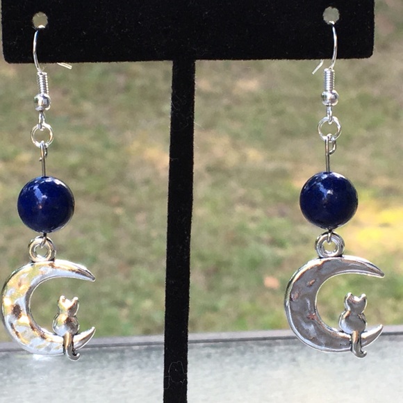PeaceFrog Jewelry - Blue Lapis Lazuli Cat in Moon Earrings